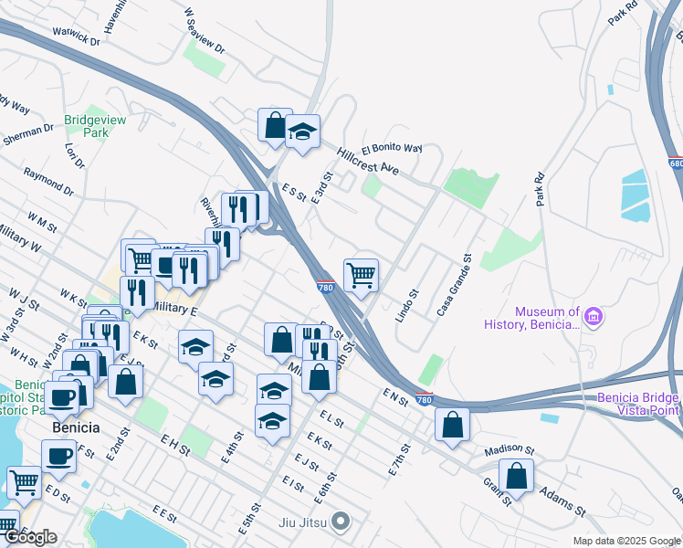 map of restaurants, bars, coffee shops, grocery stores, and more near 1751 Francisca Court in Benicia