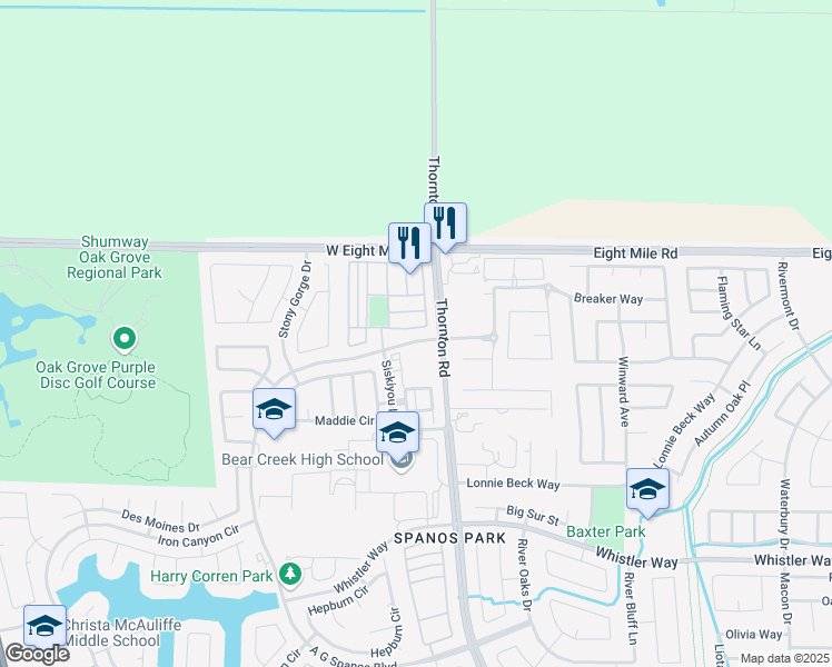 map of restaurants, bars, coffee shops, grocery stores, and more near 3020 Sweet Lilac in Stockton