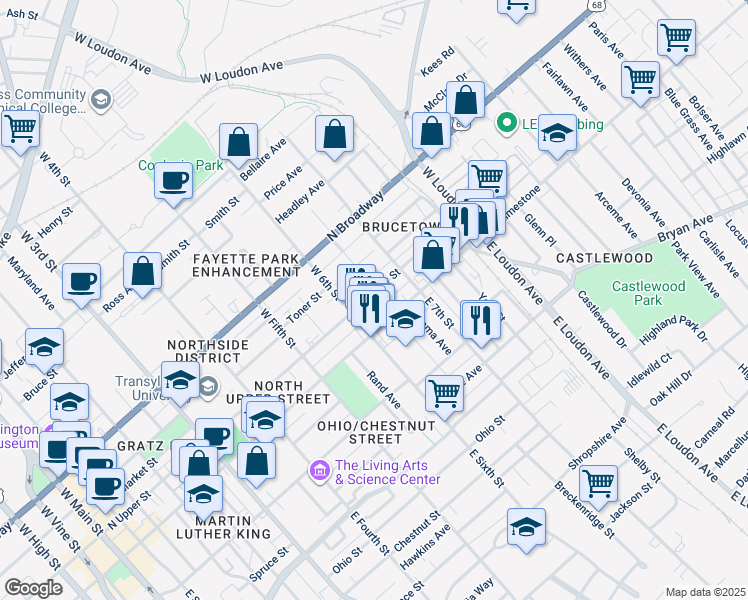 map of restaurants, bars, coffee shops, grocery stores, and more near 632 North Upper Street in Lexington