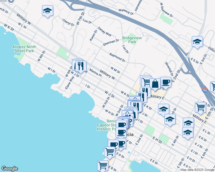 map of restaurants, bars, coffee shops, grocery stores, and more near 340 West K Street in Benicia