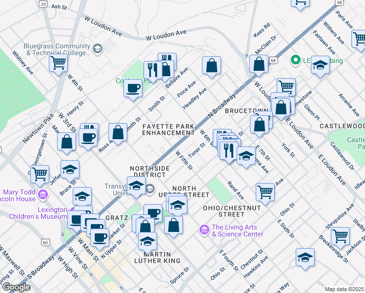 map of restaurants, bars, coffee shops, grocery stores, and more near 510 North Broadway in Lexington
