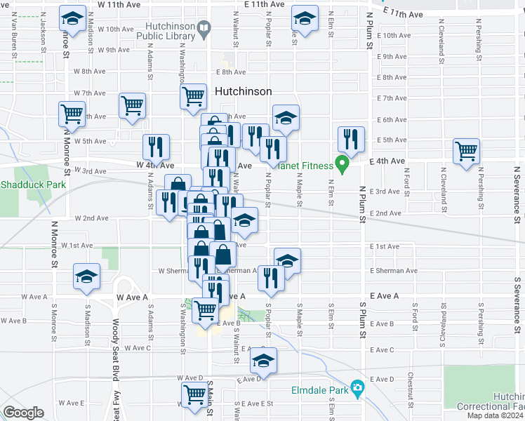 map of restaurants, bars, coffee shops, grocery stores, and more near 126 East 2nd Avenue in Hutchinson