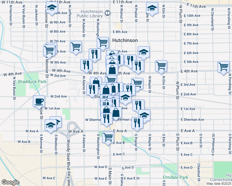 map of restaurants, bars, coffee shops, grocery stores, and more near 22 East 2nd Avenue in Hutchinson