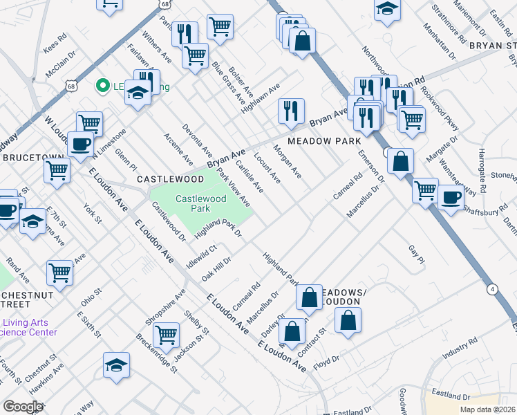 map of restaurants, bars, coffee shops, grocery stores, and more near 429 Park View Avenue in Lexington