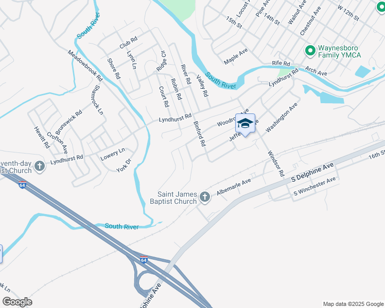 map of restaurants, bars, coffee shops, grocery stores, and more near 1108 Jefferson Avenue in Waynesboro