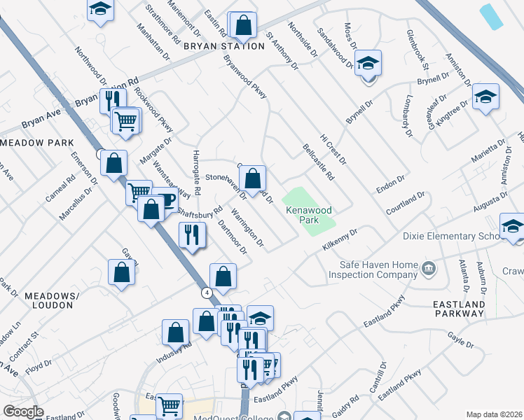 map of restaurants, bars, coffee shops, grocery stores, and more near 577 Stonehaven Dr in Lexington