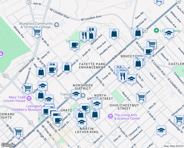 map of restaurants, bars, coffee shops, grocery stores, and more near 451 North Broadway in Lexington