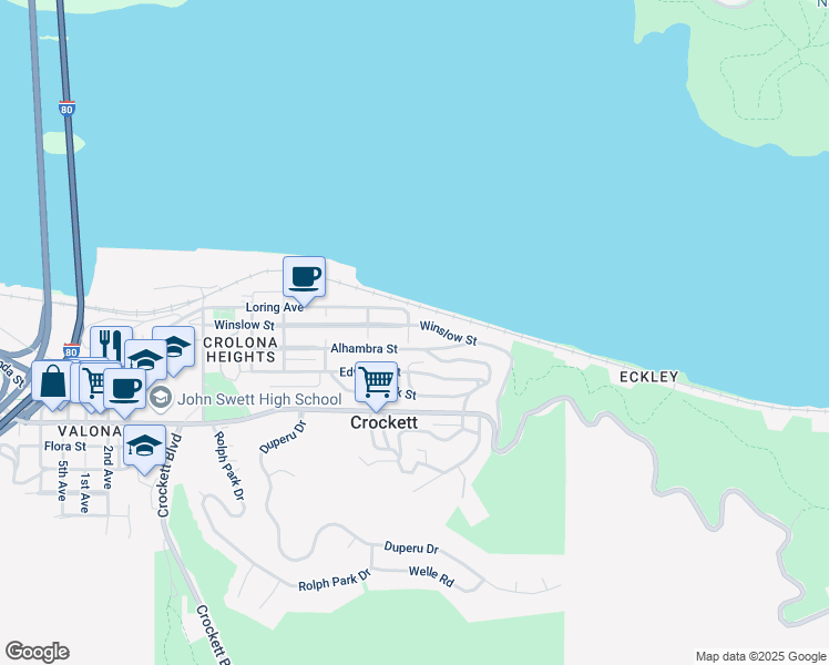 map of restaurants, bars, coffee shops, grocery stores, and more near 417 Winslow Street in Crockett