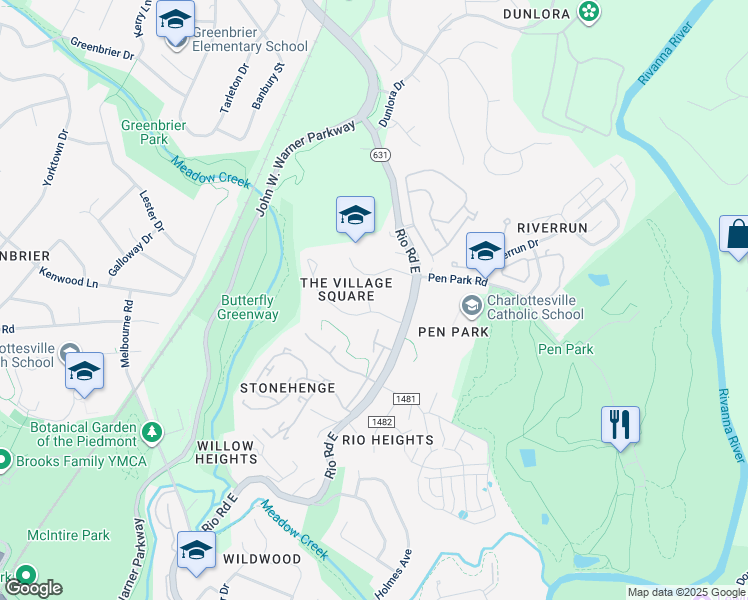 map of restaurants, bars, coffee shops, grocery stores, and more near 667 Victorian Court in Charlottesville