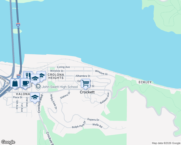 map of restaurants, bars, coffee shops, grocery stores, and more near 417 Winslow Street in Crockett