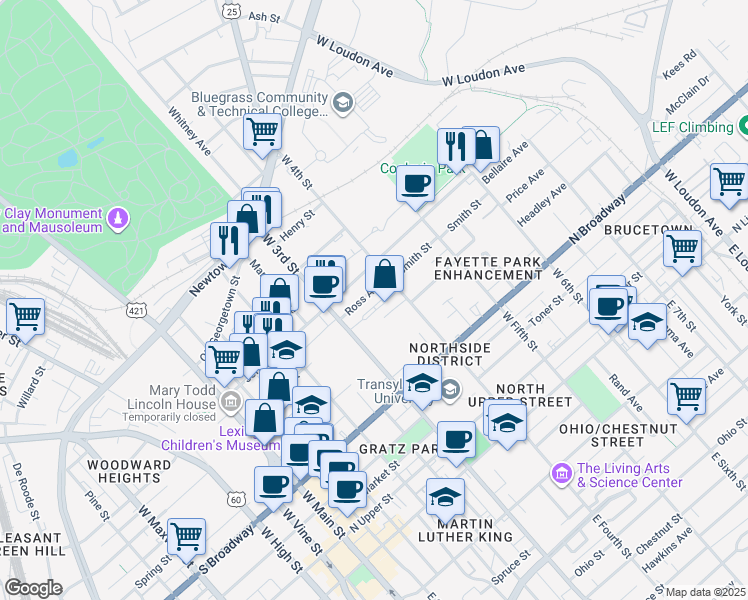 map of restaurants, bars, coffee shops, grocery stores, and more near 89 Hampton Court in Lexington