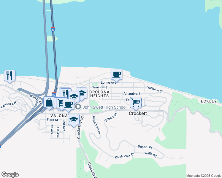 map of restaurants, bars, coffee shops, grocery stores, and more near 414 Bay Street in Crockett