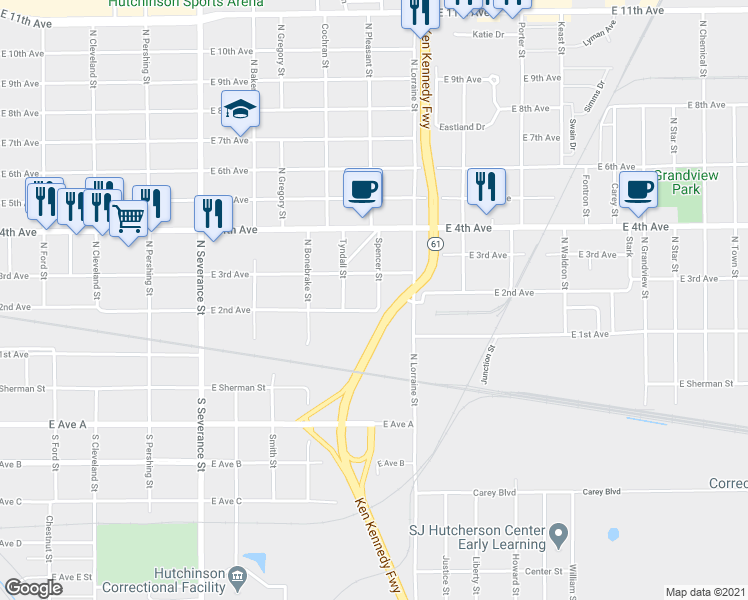 map of restaurants, bars, coffee shops, grocery stores, and more near 1228 East 2nd Avenue in Hutchinson
