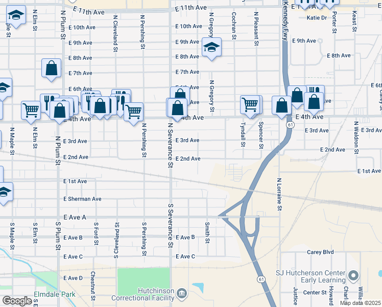 map of restaurants, bars, coffee shops, grocery stores, and more near 928 East 2nd Avenue in Hutchinson