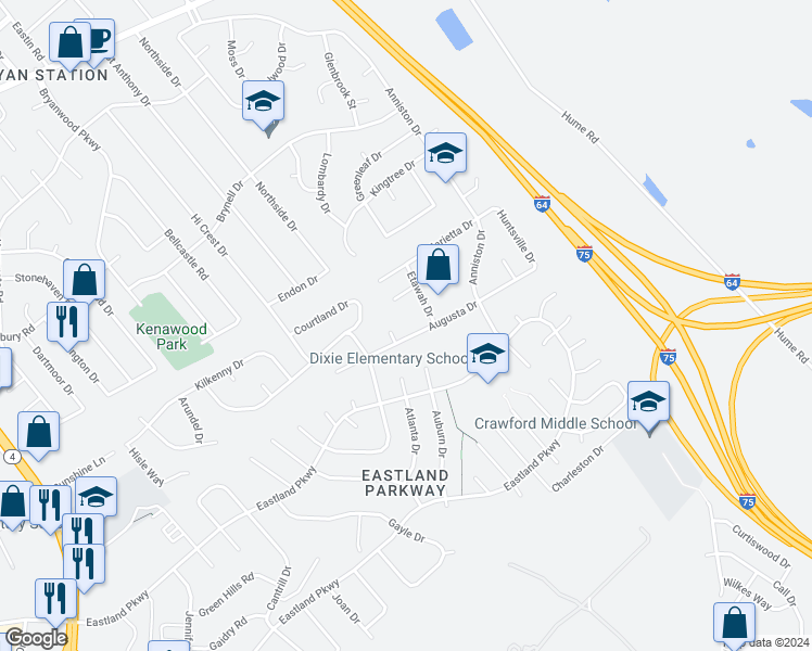map of restaurants, bars, coffee shops, grocery stores, and more near 1831 Augusta Drive in Lexington