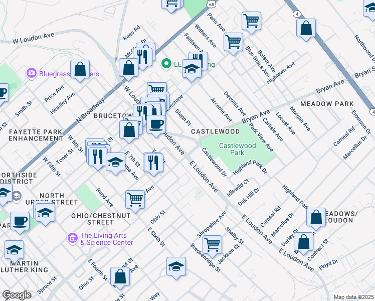 map of restaurants, bars, coffee shops, grocery stores, and more near 201 East Loudon Avenue in Lexington