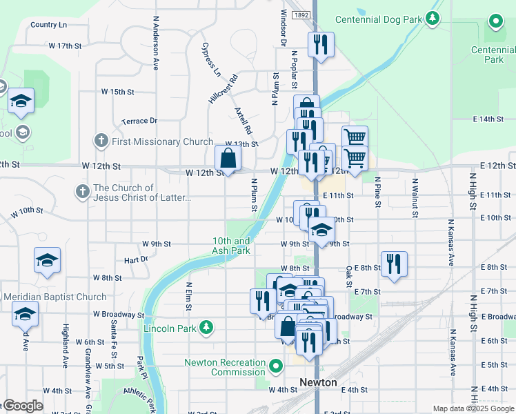 map of restaurants, bars, coffee shops, grocery stores, and more near 1108 North Plum Street in Newton