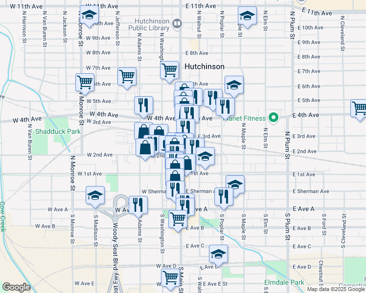 map of restaurants, bars, coffee shops, grocery stores, and more near 210 North Main Street in Hutchinson