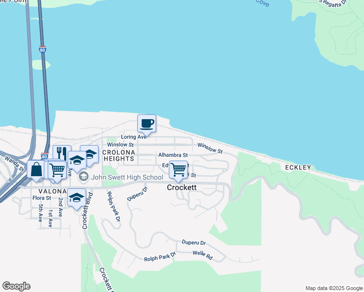 map of restaurants, bars, coffee shops, grocery stores, and more near 417 Winslow Street in Crockett