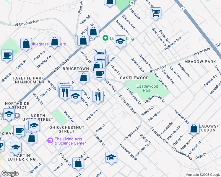 map of restaurants, bars, coffee shops, grocery stores, and more near 146 Belt Line Avenue in Lexington