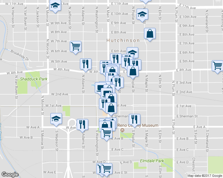 map of restaurants, bars, coffee shops, grocery stores, and more near 210 North Main Street in Hutchinson