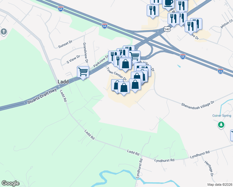 map of restaurants, bars, coffee shops, grocery stores, and more near 841 Town Center Drive in Waynesboro