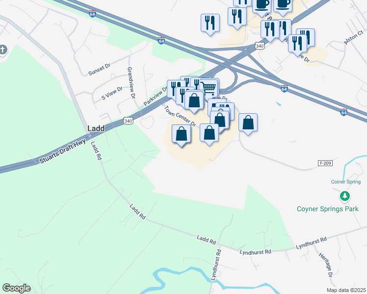 map of restaurants, bars, coffee shops, grocery stores, and more near Town Center Drive in Waynesboro