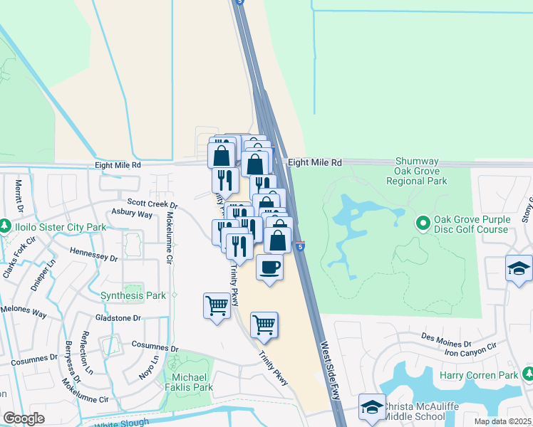 map of restaurants, bars, coffee shops, grocery stores, and more near 10850 Trinity Parkway in Stockton