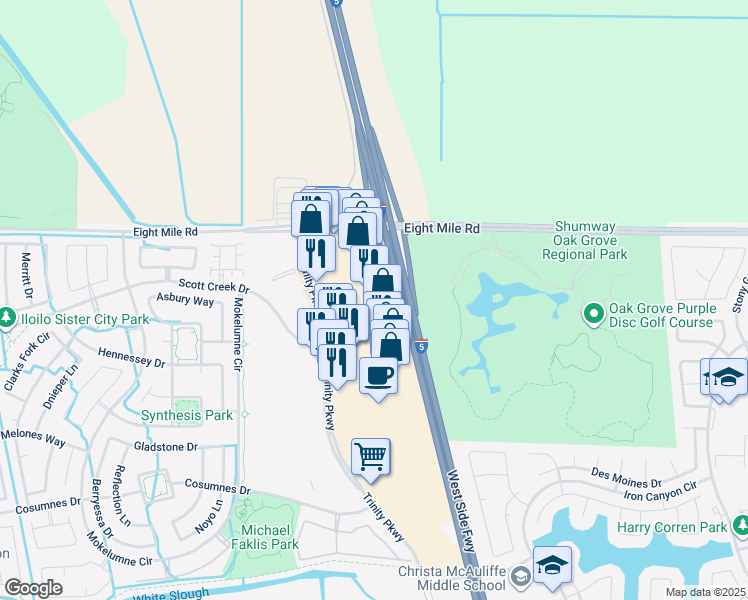 map of restaurants, bars, coffee shops, grocery stores, and more near 10850 Trinity Parkway in Stockton