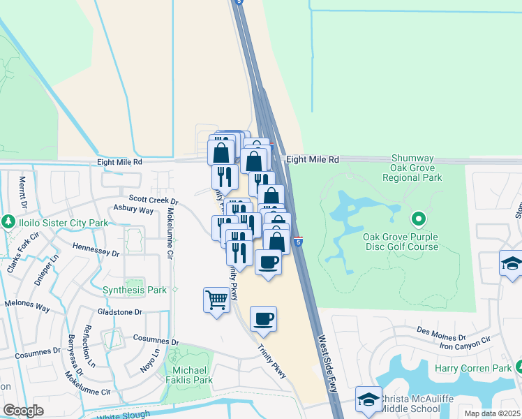 map of restaurants, bars, coffee shops, grocery stores, and more near 10850 Trinity Parkway in Stockton