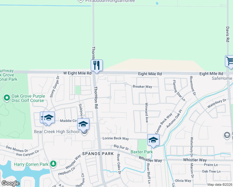 map of restaurants, bars, coffee shops, grocery stores, and more near 10780 Pelican Drive in Stockton