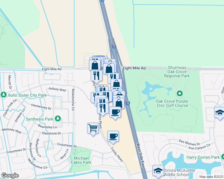 map of restaurants, bars, coffee shops, grocery stores, and more near in Stockton