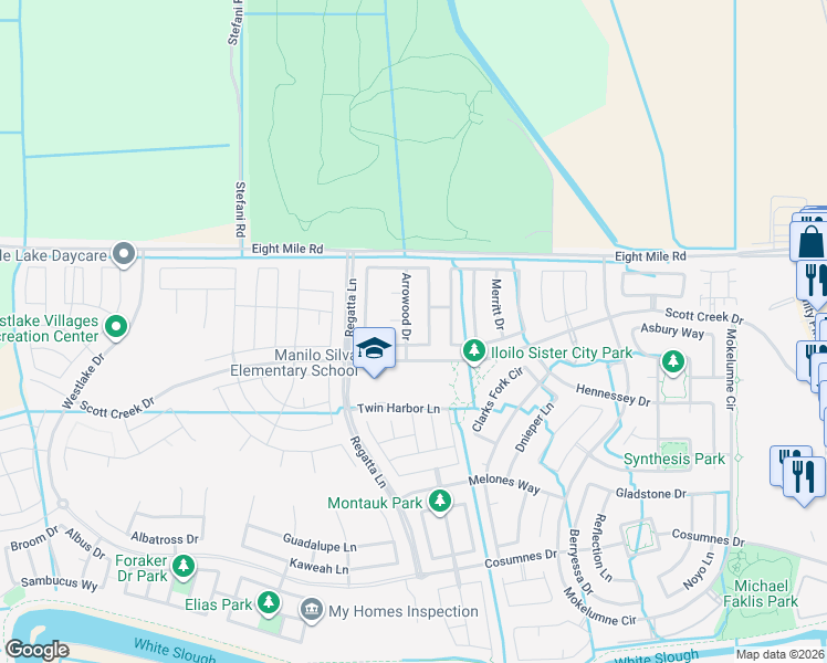 map of restaurants, bars, coffee shops, grocery stores, and more near 6680 Crestview Circle in Stockton