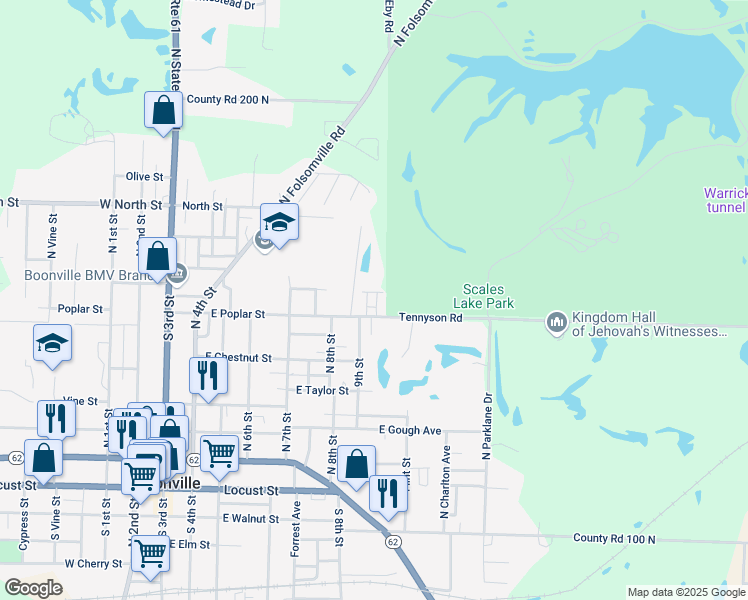 map of restaurants, bars, coffee shops, grocery stores, and more near 700-704 East Poplar Street in Boonville