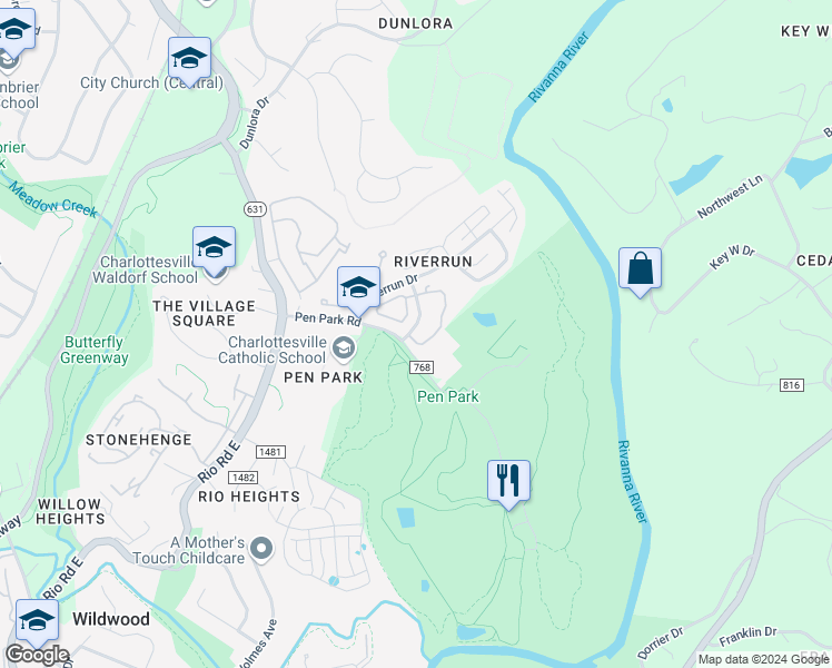 map of restaurants, bars, coffee shops, grocery stores, and more near 702 Exton Court in Charlottesville