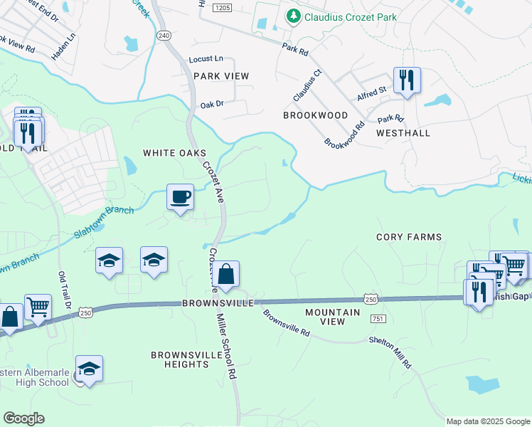 map of restaurants, bars, coffee shops, grocery stores, and more near 5465 Oxbow Drive in Charlottesville