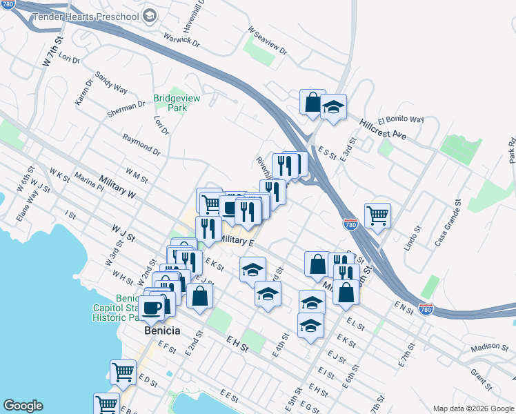 map of restaurants, bars, coffee shops, grocery stores, and more near 156 East O Street in Benicia
