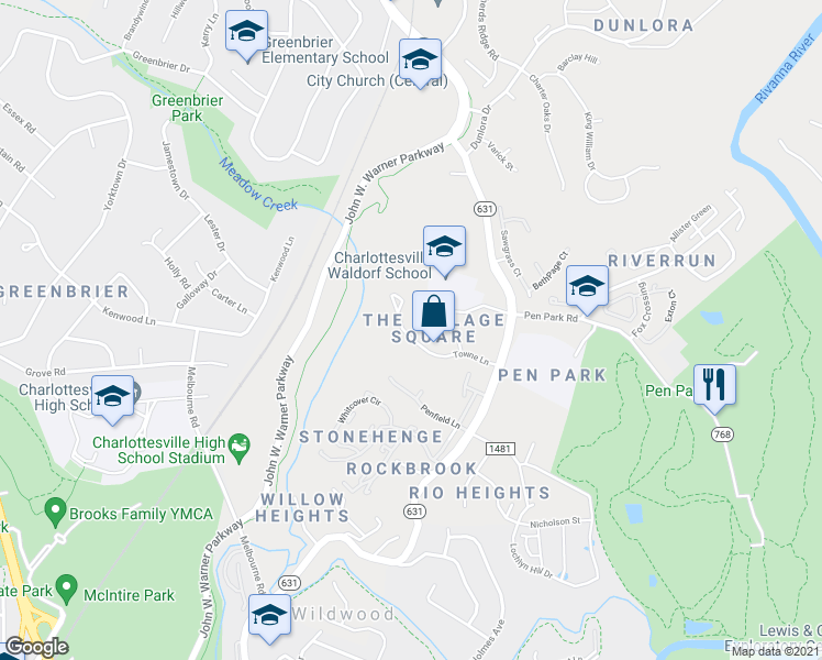 map of restaurants, bars, coffee shops, grocery stores, and more near 1036 Towne Ln in Charlottesville