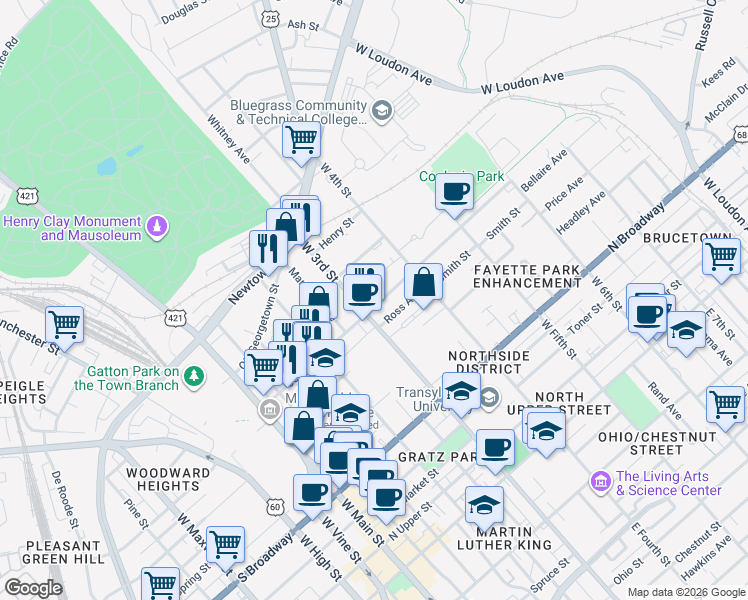 map of restaurants, bars, coffee shops, grocery stores, and more near 489 West 3rd Street in Lexington
