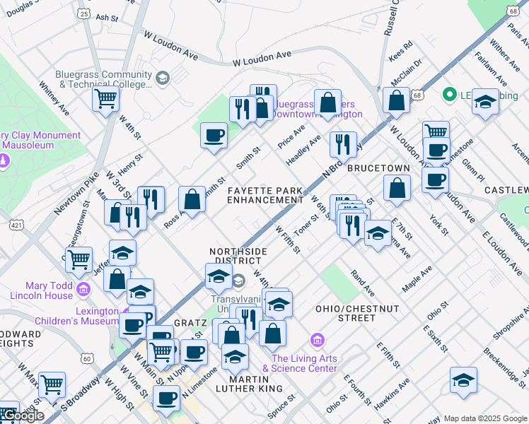 map of restaurants, bars, coffee shops, grocery stores, and more near West Fifth Street in Lexington