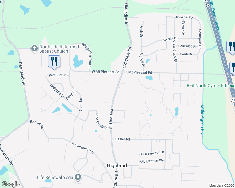 map of restaurants, bars, coffee shops, grocery stores, and more near 8215 Old State Road in Evansville