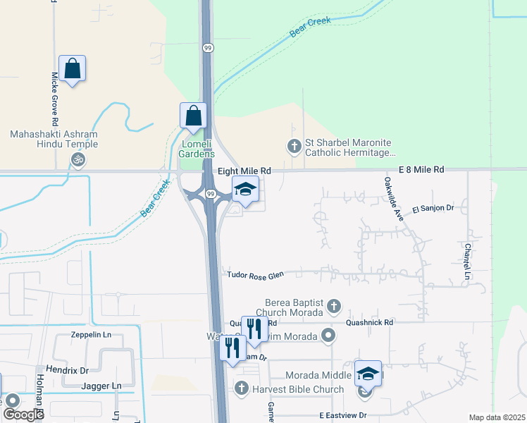 map of restaurants, bars, coffee shops, grocery stores, and more near North Highway 99 in Stockton