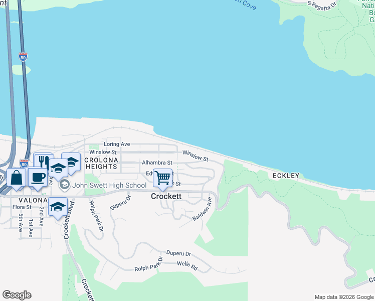 map of restaurants, bars, coffee shops, grocery stores, and more near 345 Winslow Street in Crockett