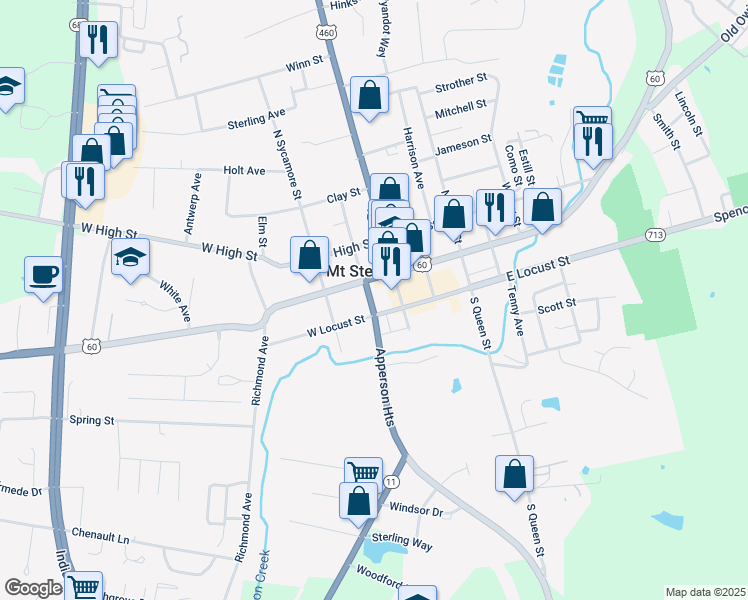 map of restaurants, bars, coffee shops, grocery stores, and more near 42 South Bank Street in Mount Sterling