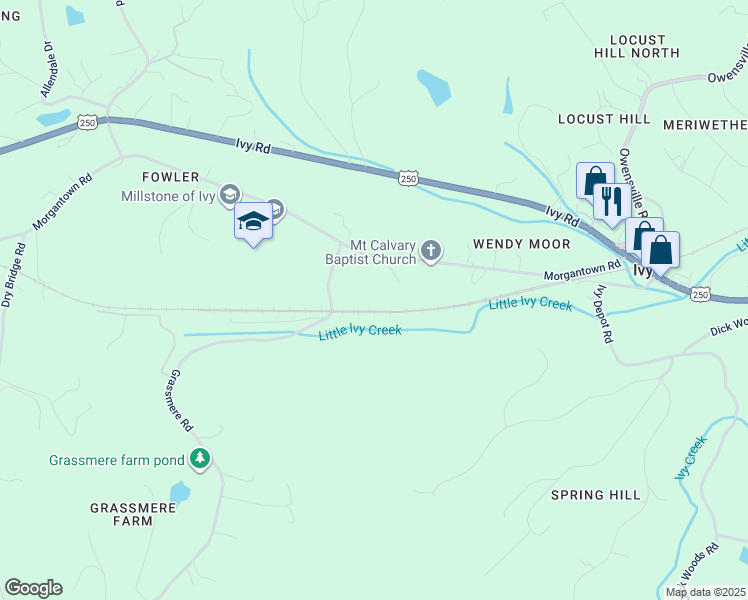 map of restaurants, bars, coffee shops, grocery stores, and more near 3097 Morgantown Road in Charlottesville