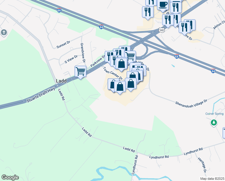 map of restaurants, bars, coffee shops, grocery stores, and more near 841 Town Center Drive in Waynesboro