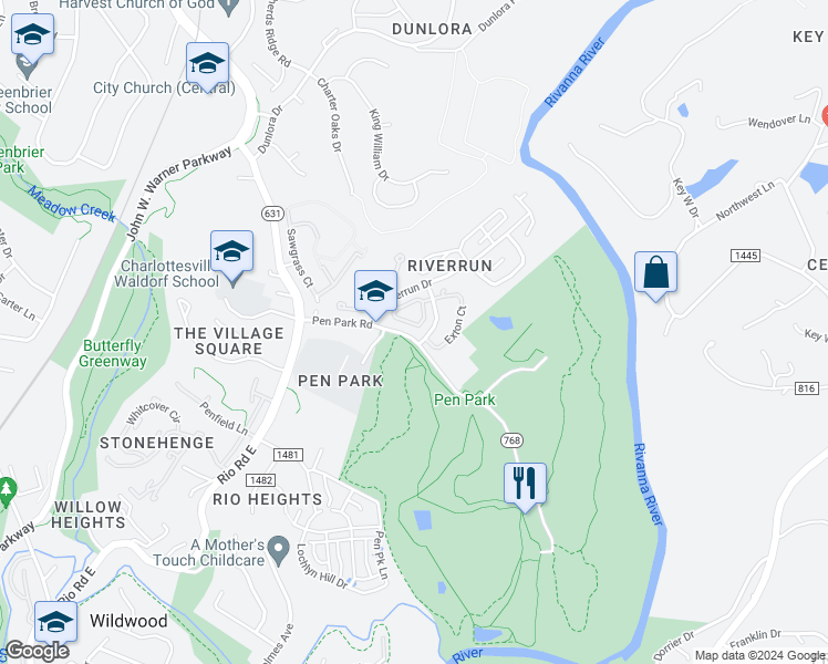 map of restaurants, bars, coffee shops, grocery stores, and more near 734 Merion Greene in Charlottesville