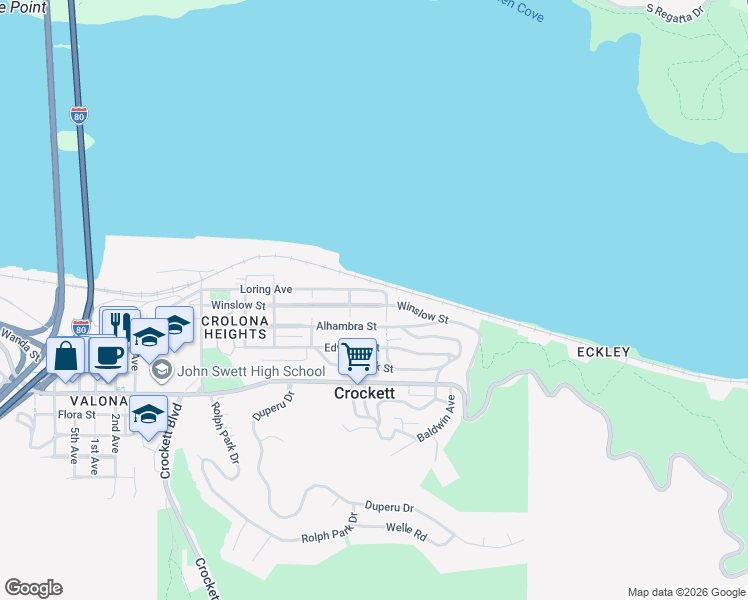 map of restaurants, bars, coffee shops, grocery stores, and more near 420 Winslow Street in Crockett