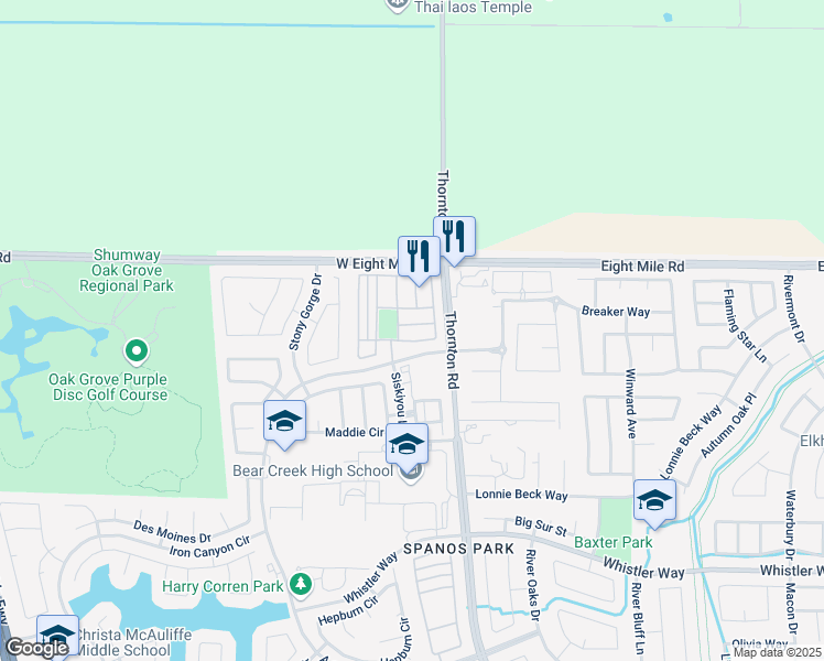 map of restaurants, bars, coffee shops, grocery stores, and more near 3110 Calla Lily Lane in Stockton