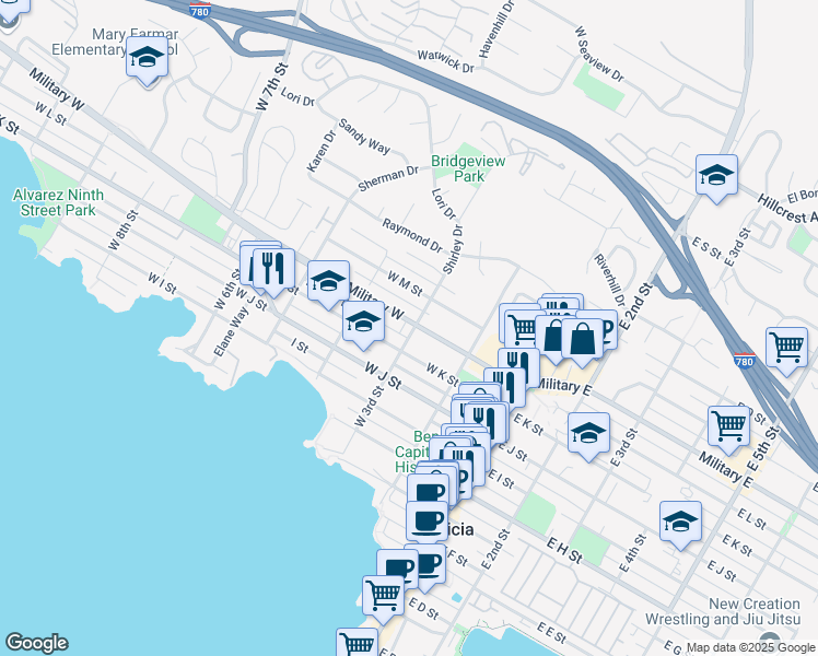 map of restaurants, bars, coffee shops, grocery stores, and more near 1110 West 3rd Street in Benicia